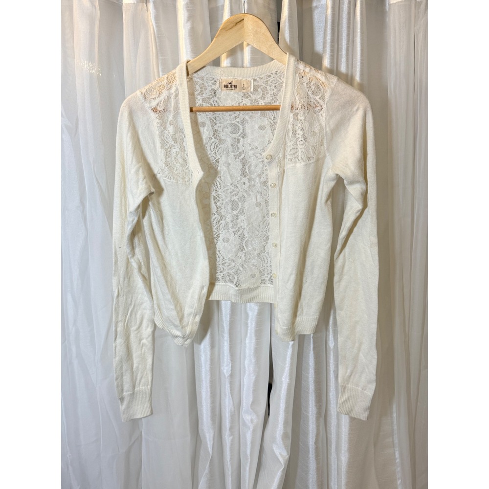 Hollister Cardigan Womens Small White Lace Back Cropped Long Sleeve Button Front